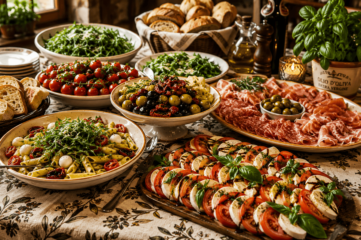 Italienskt cateringbord med pasta, caprese och charkuterier